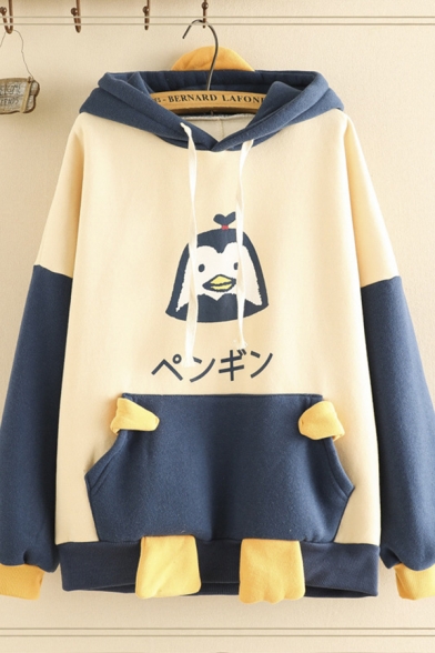 Preppy Girls' Long Sleeve Drawstring Chicken Print Japanese Letter Pouch Pocket Colorblocked Oversize Hoodie