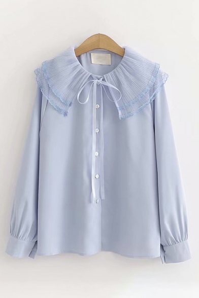 Preppy Ladies Solid Color Long Sleeve Peter Pan Collar Button Front Bow Tie Loose Shirt