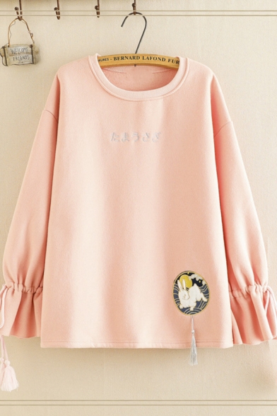 Pink Girls Long Sleeve Round Neck Japanese Embroidered Drawstring Fringe Loose Sweatshirt