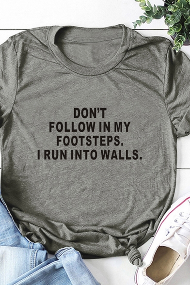 Simple Girls Roll Up Sleeve Crew Neck Letter DON'T FOLLOW IN MY FOOTSTEPS Print Relaxed T Shirt