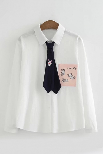 

Simple Girls White Long Sleeve Lapel Neck Button Down Cat Print Japanese Letter Panel Relaxed Shirt with Tie, LC600937