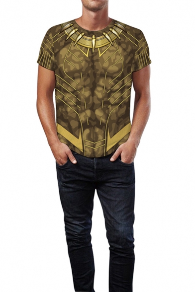 Stylish Guys Short Sleeve Crew Neck Black Panther 3D Printed Relaxed Fit T Shirt in Gold