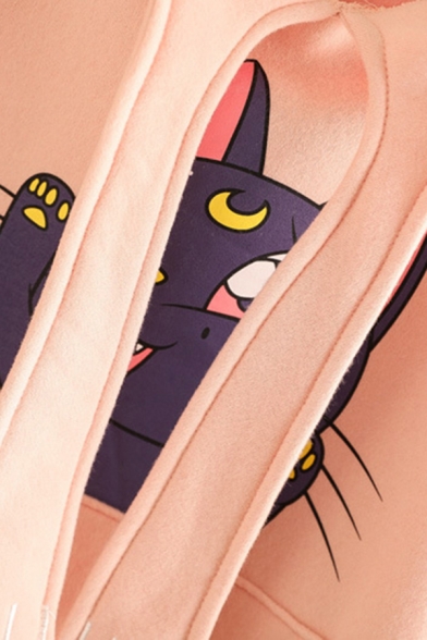 Trendy Ladies' Long Sleeve Straps Cat Patterned Kangaroo Pocket Relaxed Fit Hoodie