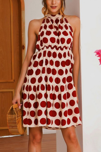 Amazing Women's Sleeveless Halter Polka Dot Printed Mini A-Line Dress