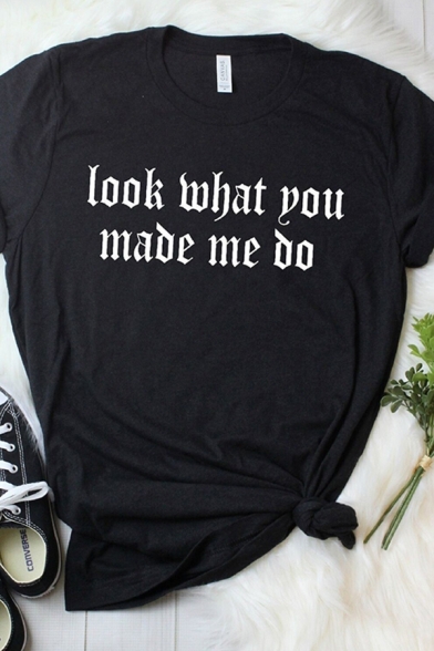 Black Chic Roll-Up Sleeve Crew Neck Letter LOOK WHAT YOU MADE ME DO Printed Relaxed Fit T-Shirt for Girls