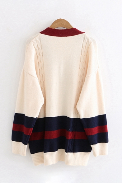 Casual Girls Long Sleeve Button Down Cable Knitted Color Block Oversize Cardigan