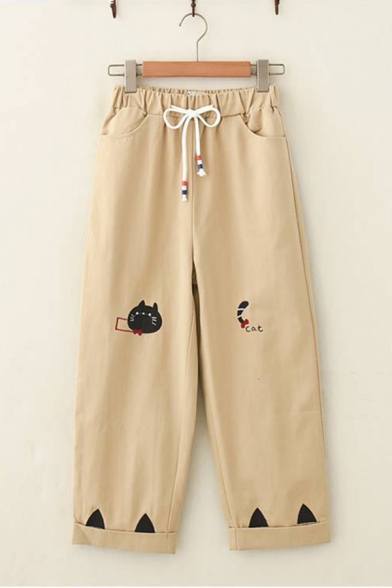 Casual Popular Drawstring Waist Cat Printed Cuffed Ankle Length Relaxed Straight Trousers for Girls