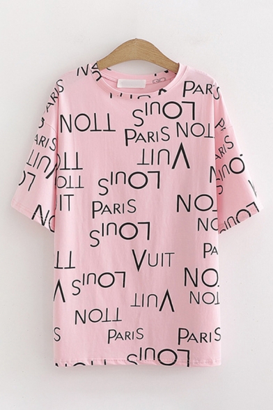 Chic Trendy Girls Short Sleeve Round Neck All Over Letter PARIS Print Relaxed Tee