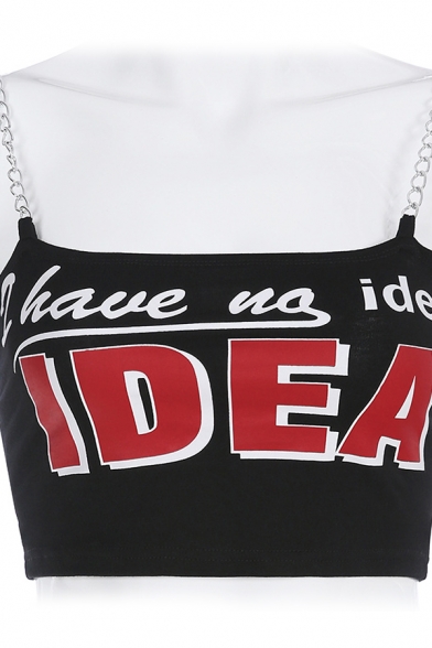 Cool Trendy Girls Sleeveless Letter I HAVE NO IDEA Printed Fitted Crop Cami Top in Black