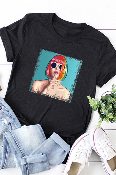 Cool Womens Roll-Up Sleeve Crew Neck Cartoon Girl Relaxed Fit Tee Top