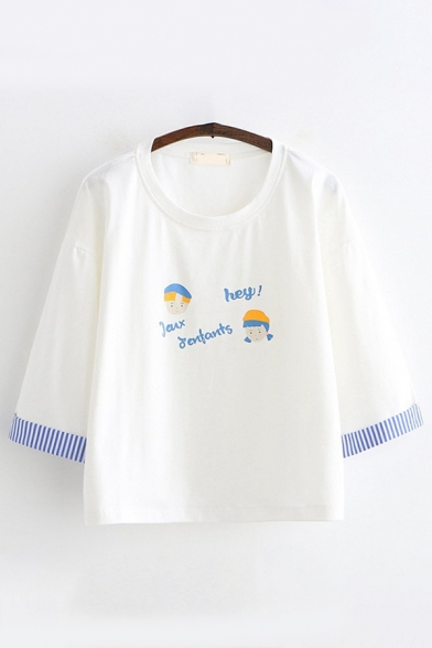 Cute Girls' Long Sleeve Round Neck Letter HEY Cartoon Printed Contrast Piped Loose Graphic Tee