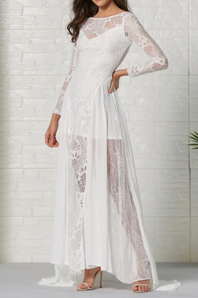 Fancy Elegant Ladies' Long Sleeve Boat Neck See-Through Lace Maxi Pleated Evening Flowy Dress in White
