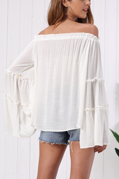 Fancy Women's Bell Sleeve Off the Shoulder Relaxed Fit Plain Blouse