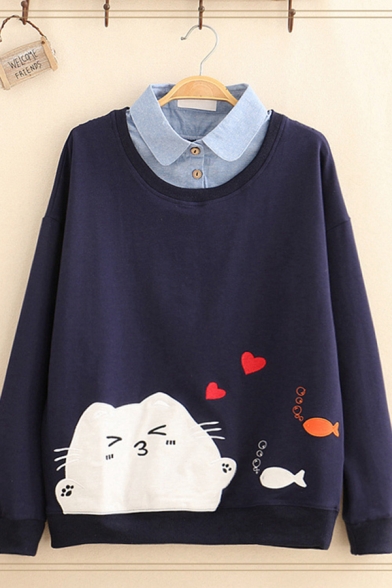 Fashion Girls' Long Sleeve Lapel Collar Cat Pattern Fake Two-Piece Relaxed Fit Pullover Sweatshirt