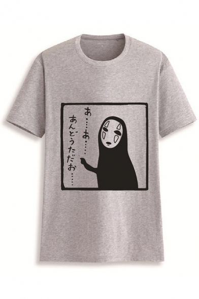 Fashionable Girls Short Sleeve Round Neck Japanese Letter No Face Man Print Relaxed Graphic T Shirt