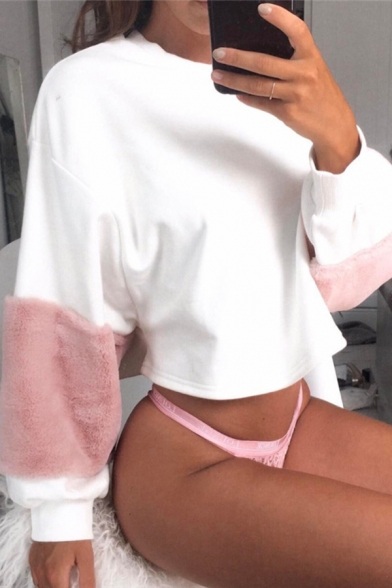Fashionable Women's Long Sleeve Crew Neck Fuzzy Panel Relaxed Fit Crop Pullover Sweatshirt in White