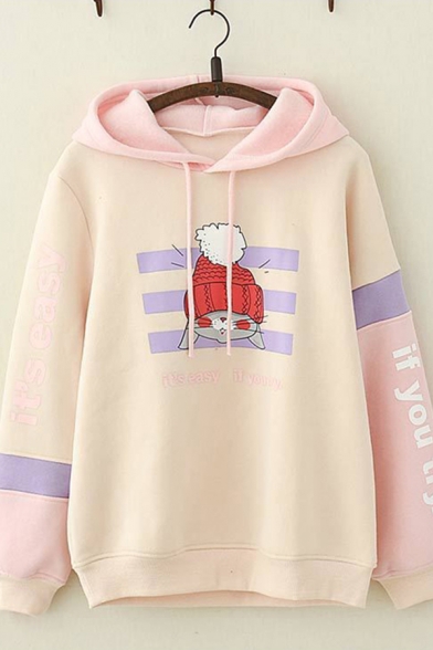 Fashionable Womens Long Sleeve Drawstring Letter IT'S EASY IF YOU TRY Cartoon Graphic Striped Colorblocked Loose Fit Hoodie
