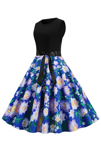 Formal Ladies Sleeveless Round Neck Bow Tied Waist Floral Pattern Maxi Pleated Swing Dress