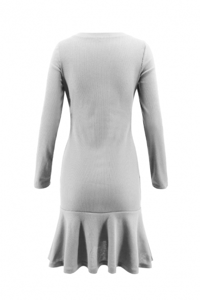 Gorgeous Ladies' Long Sleeve Round Neck Ruffled Trim Knitted Plain Mini Pleated Fishtail Dress