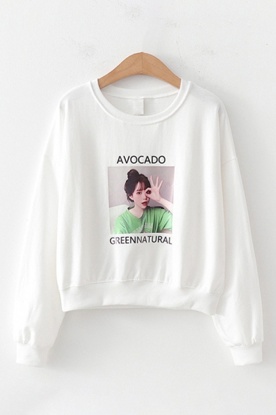 Korean Girls Long Sleeve Round Neck Letter AVOCADO GREEN NATURAL Graphic Loose Pullover Sweatshirt