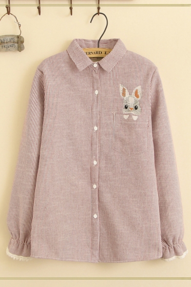 Lovely Girls Long Sleeve Lapel Neck Button Down Rabbit Embroidered Striped Relaxed Fit Shirt