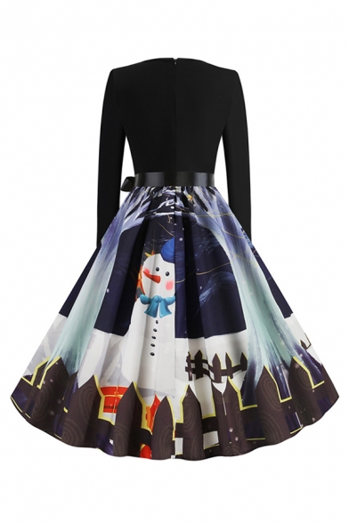 Lovely Girls Long Sleeve Round Neck Bow Tie Waist Snowman Santa Claus Pattern Maxi Pleated Flared Christmas Dress