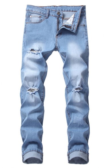 Mens Popular Street Mid Waist Distressed Bleach Cuffed Long Straight Jeans in Light Blue