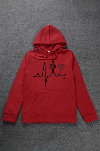 Pop Guys Long Sleeve Drawstring Cactus ECG Print Letter NEW PULSE FEELIN ALIVE Relaxed Fit Graphic Hoodie with Pocket