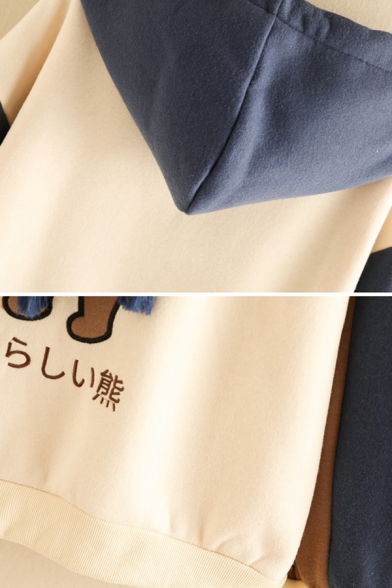 Preppy Girls' Long Sleeve Brown Bear Print Japanese Letter Color Block Drawstring Loose Hoodie