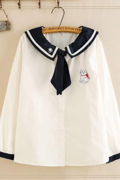 Preppy Girls' Long Sleeve Sailor Collar Cat Printed Contrasted Striped Button Down Relaxed Shirt