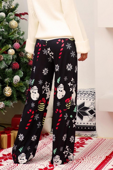 Pretty Cute Girls' High Rise Elk Snow Pentagram Pattern Long Length Wide-Leg Christmas Trousers