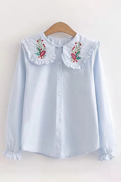Pretty Ladies Long Sleeve Peter Pan Collar Button Front Floral Embroidery Stringy Selvedge Relaxed Shirt