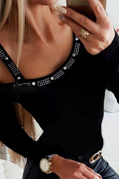 Pretty Trendy Women's Long Sleeve Cold Shoulder Asymmetric Diamante Fitted Knit Top in Black
