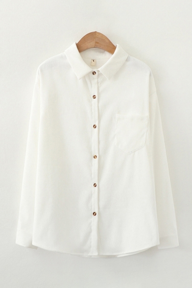Simple Classic Womens Plain Long Sleeve Lapel Collar Button Down Pocket Panel Velvet Loose Shirt