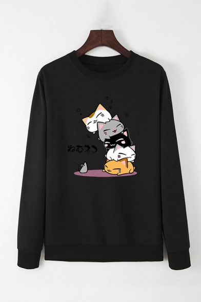 Simple Female Long Sleeve Crew Neck Japanese Letter Cat Graphic Loose Fitted Pullover Sweatshirt Top