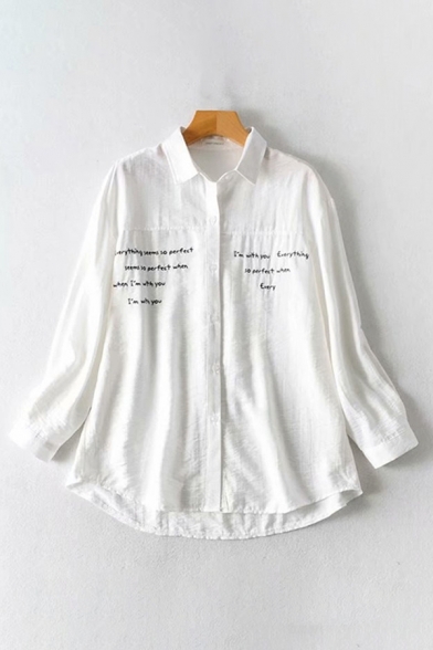 Simple Leisure Girls Long Sleeve Lapel Collar Button Down Letter Print Relaxed Fit Shirt in White