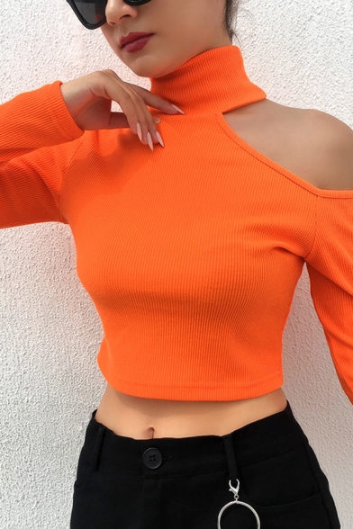 Street Unique Long Sleeve High Neck Cut Out Solid Color Knitted Fitted Crop Sweater Top