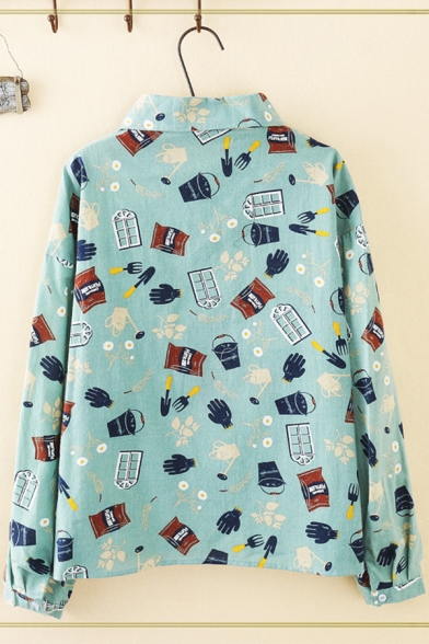 Stylish Girls Long Sleeve Lapel Collar Button Down All Over Cartoon Pattern Relaxed Fit Shirt