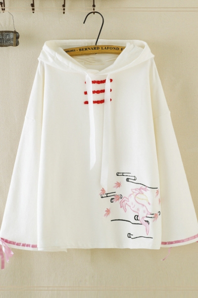 Vintage Chinese Style Girls Long Sleeve Drawstring Bow Tie Frog Button Up Deer Embroidered Oversize Hoodie