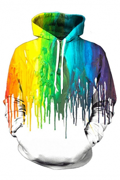 White Fashionable Long Sleeve Rainbow Pouring 3D Patterned Relaxed Hoodie with Pocket