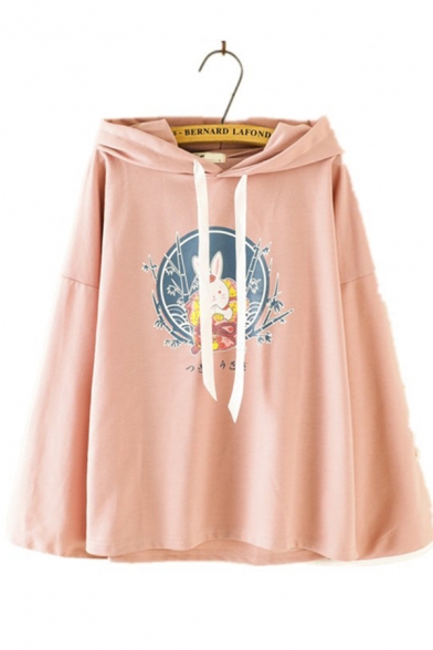 Women's Fashionable Long Sleeve Drawstring Rabbit Patterned Relaxed Fit Rabbit Ears Hoodie