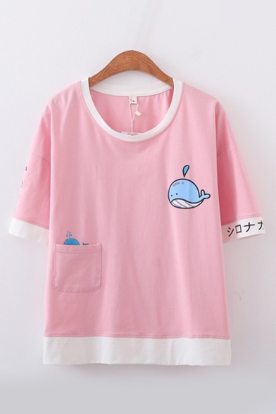 Womens Lovely Short Sleeve Round Neck Japanese Letter Dolphin Graphic Contrasted Oversize T Shirt