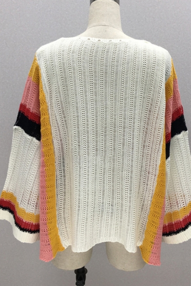 Amazing Street Girls Bell Sleeve Round Neck Knitted Stripe Patterned Oversize Sweater Top in White