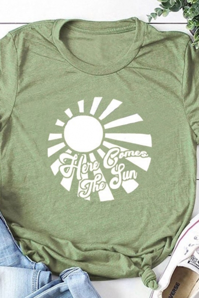 Army Green Popular Short Sleeve Crew Neck HERE GAMES THE SUN Letter Sun Print Fitted Graphic Tee for Girls