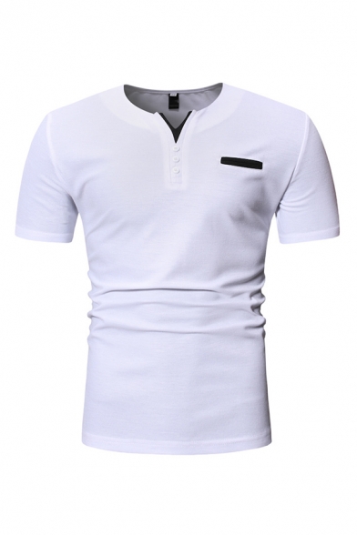 Basic Mens Short Sleeve V-Neck Button Up Striped Slim Fitted T-Shirt