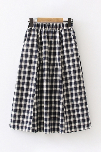 Casual Nice Girls Elastic Waist Checker Printed Long A-Line Skirt in Navy