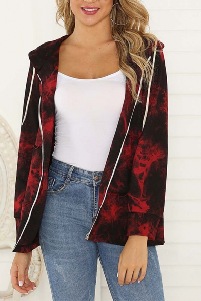 

Casual Trendy Women' Long Sleeve Drawstring Hooded Zipper Front Tie Dye Relaxed Fit Jacket, Black;red;white, LM595650