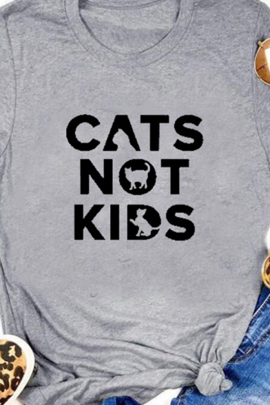 Casual Womens Short Sleeve Crew Neck Letter CATS NOT KIDS Printed Loose Fit T-Shirt