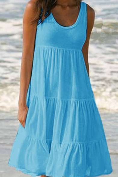 Casual Womens Solid Color Sleeveless Round Neck Ruffled Trim Long Swing Tank Dress