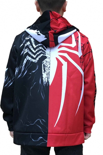 Cool Boys Long Sleeve Zipper Front VENOM SPIDERMAN Letter Spider Graphic Color Block Relaxed Cosplay Hoodie in Black and Red